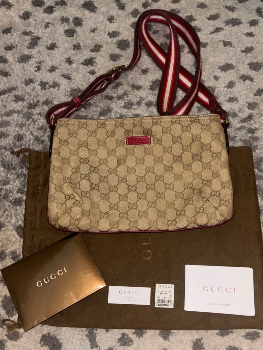 Gucci Joy GG Canvas Crossbody with Red Trim and Striped Strap